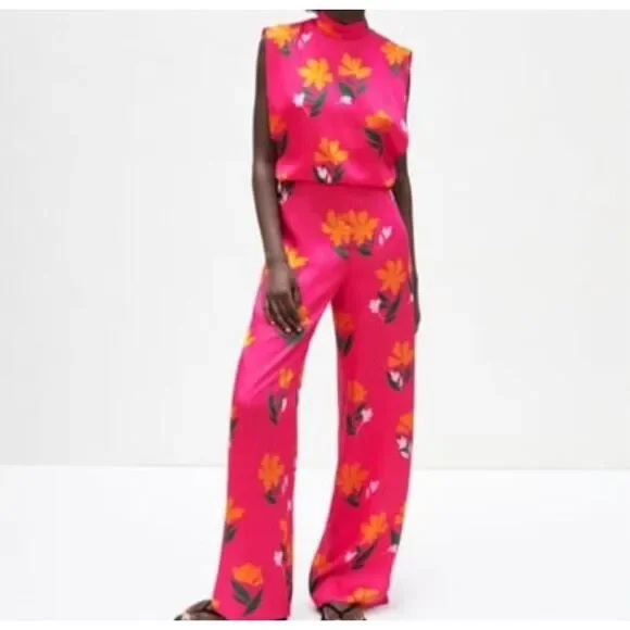 Zara Pink Orange Floral Mock Neck Sleeveless Open Back Cutout Jumpsuit Size XS - Picture 1 of 6